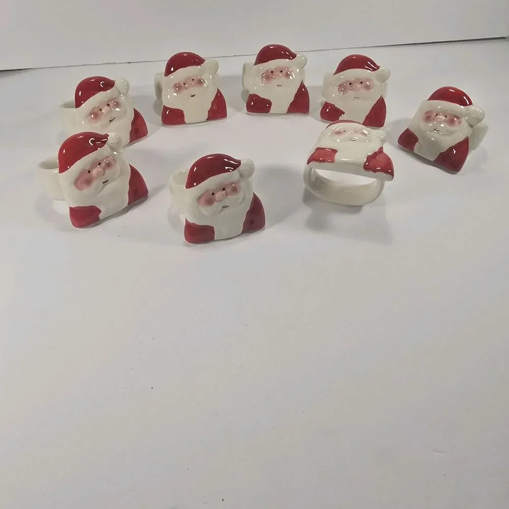 8 Vintage Santa Claus Ceramic 80's Christmas Table Napkin Rings/Holders
